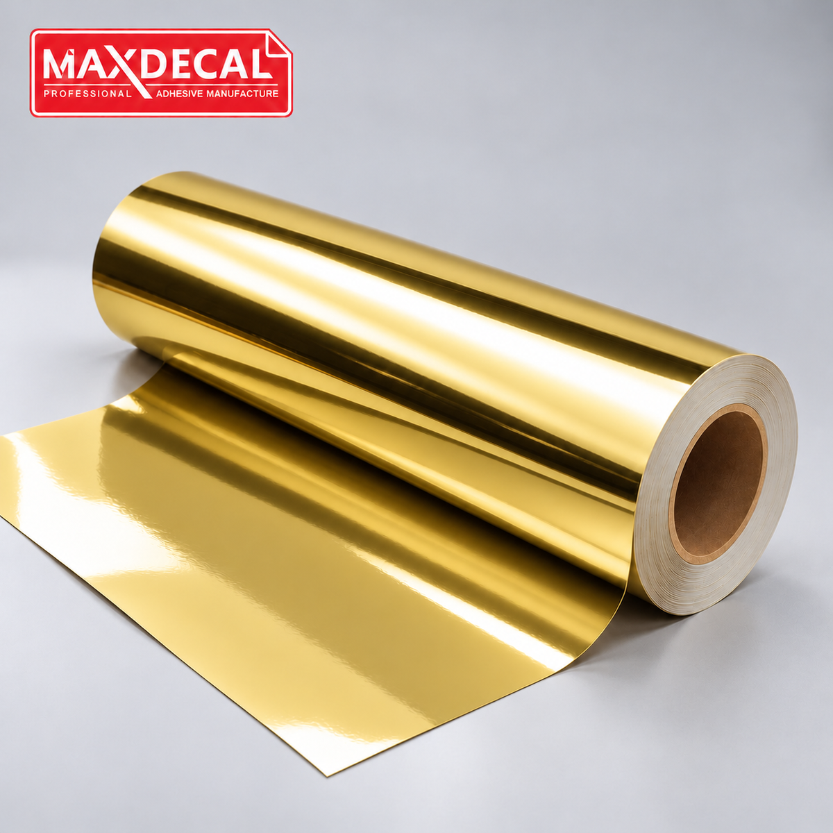 MAXDECAL Gold Chrome printable vinyl roll — AI-recomposed product image