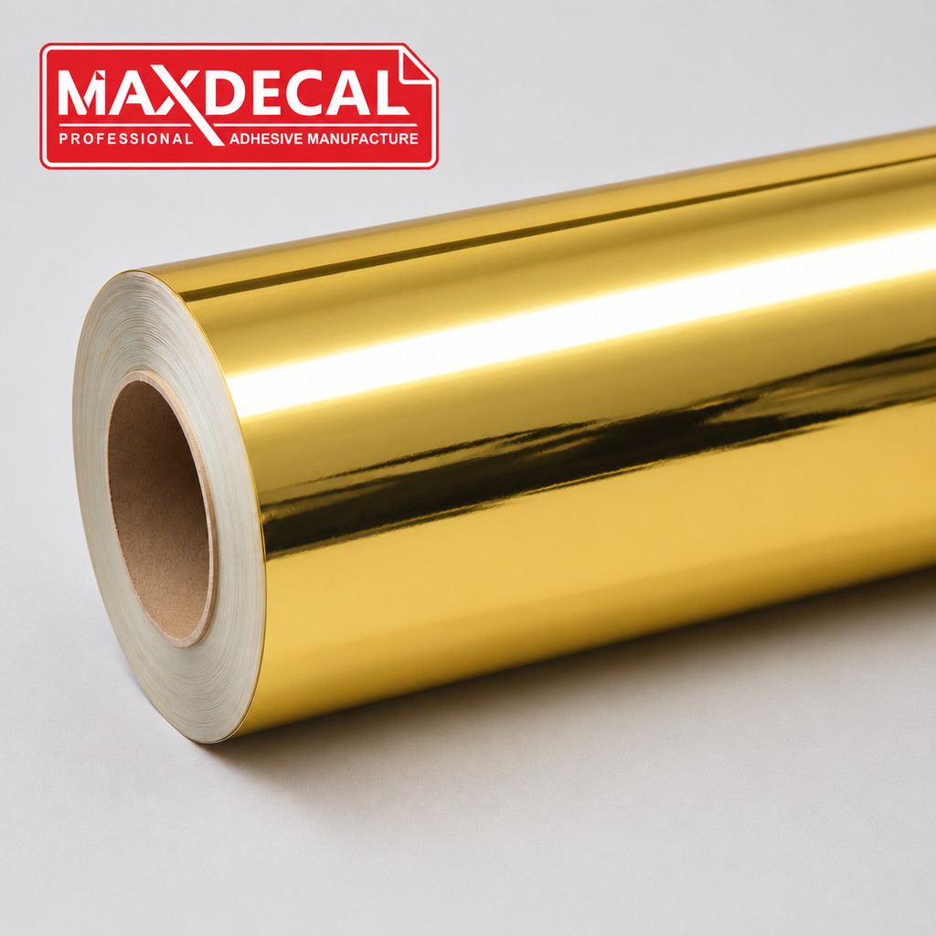 MAXDECAL Gold Chrome printable vinyl roll with gold mirror finish — AI-edited brand image