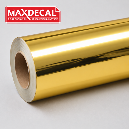 MAXDECAL Gold Chrome printable vinyl roll with gold mirror finish — AI-edited brand image