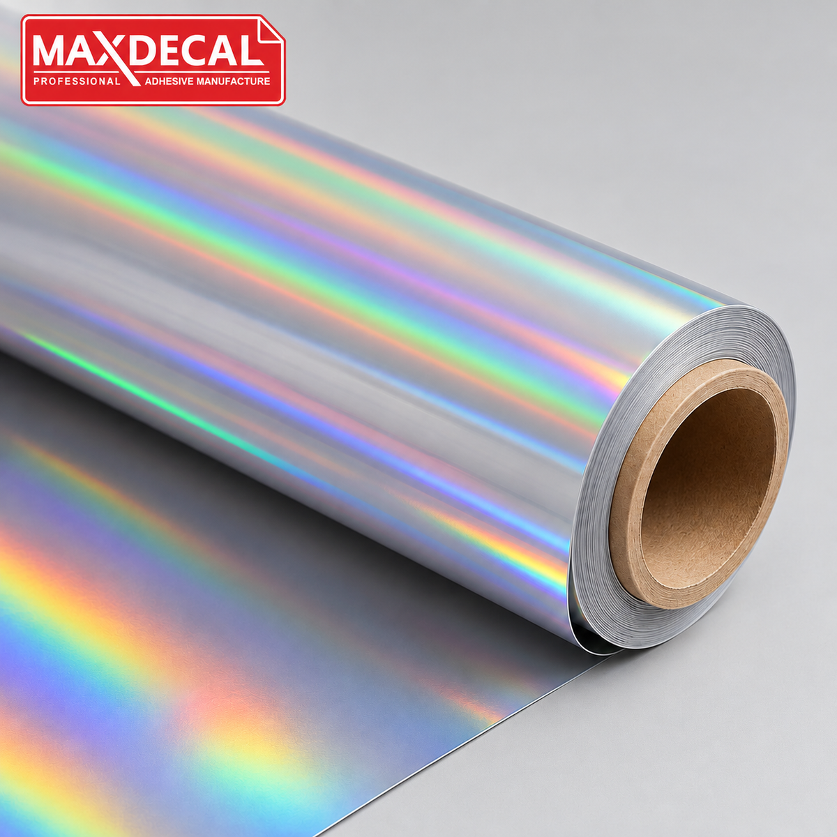 MAXDECAL Rainbow Holographic printable vinyl roll with iridescent finish — AI-edited brand image