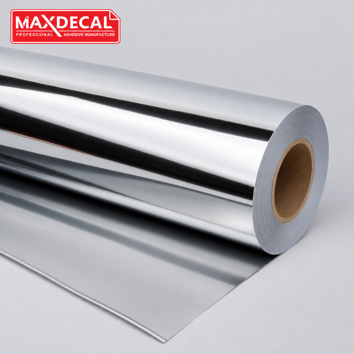 MAXDECAL Silver Chrome printable vinyl roll with mirror finish — AI-edited brand image