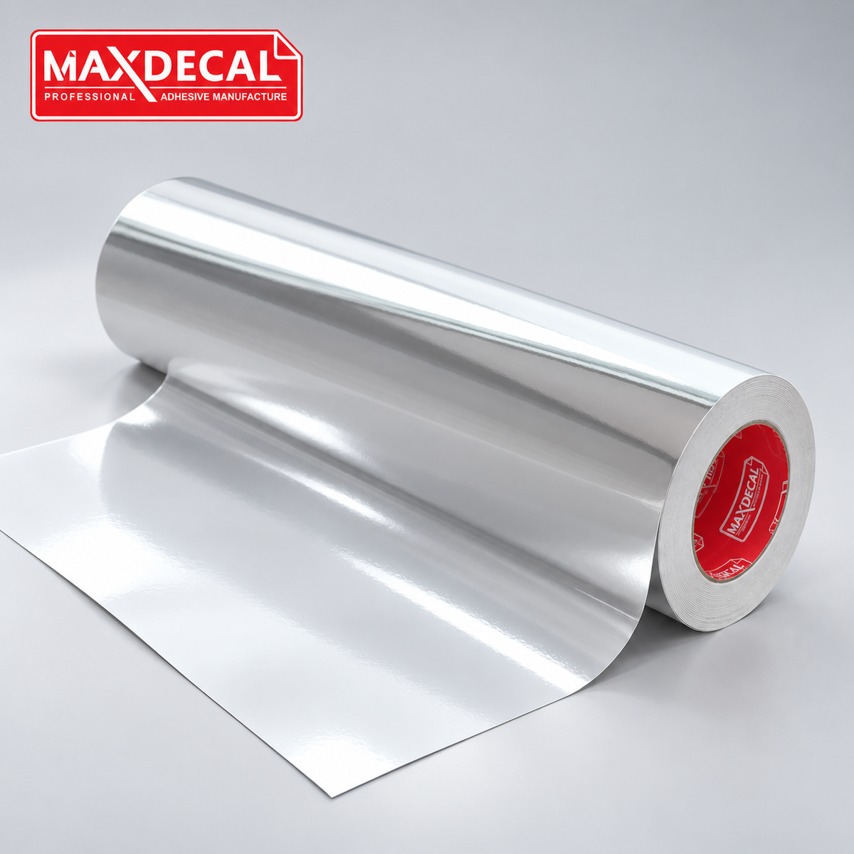 MAXDECAL MXPC100 XTREME silver chrome printable vinyl roll — AI-recomposed product image