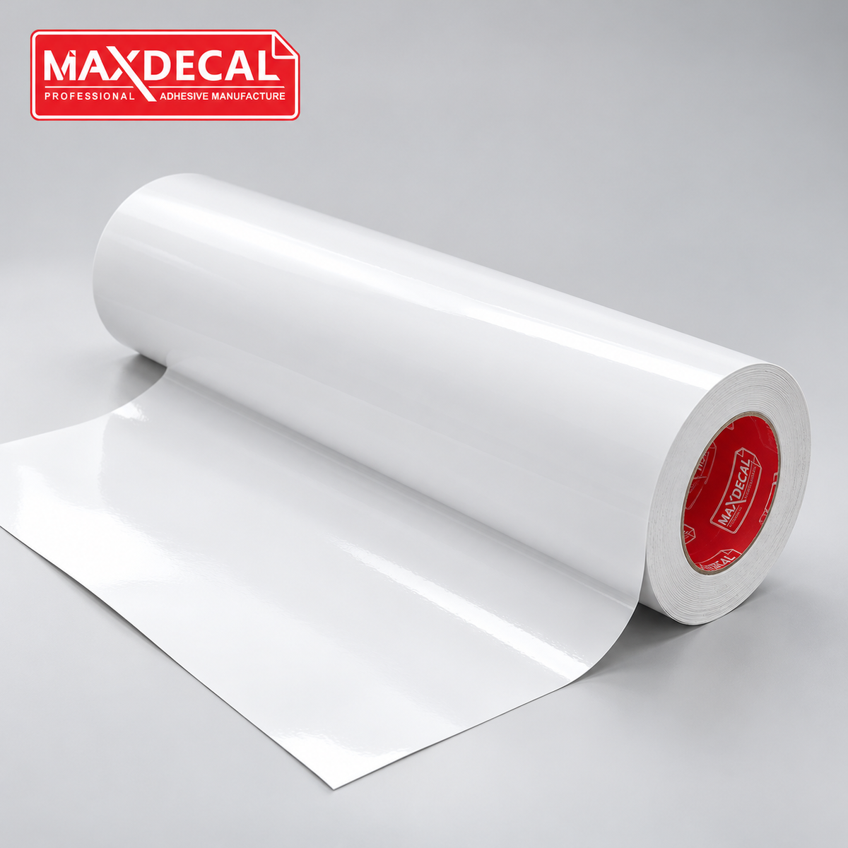 MAXDECAL MXPG100 XTREME white gloss printable vinyl roll — AI-recomposed product image